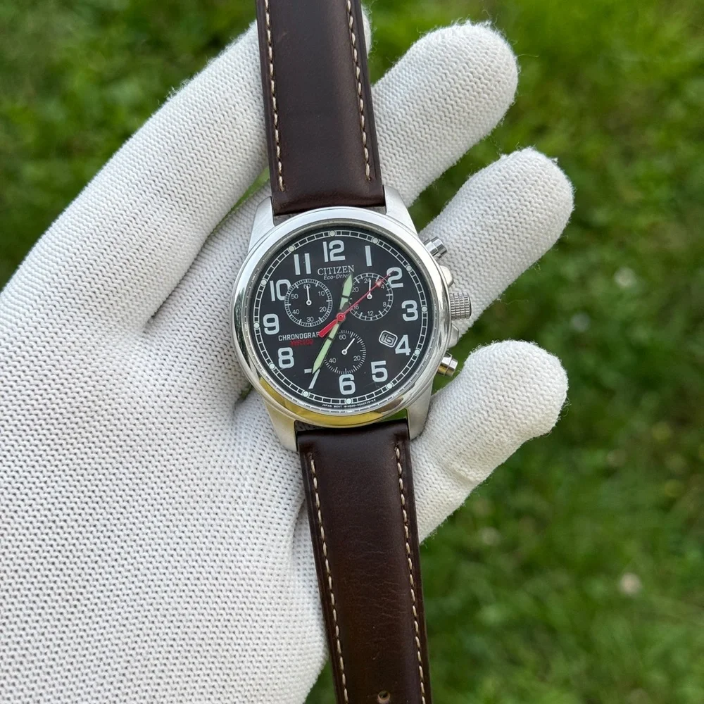 Citizen eco drive Chronograph with Black Dial and Brown Strap - Picture 8 of 9